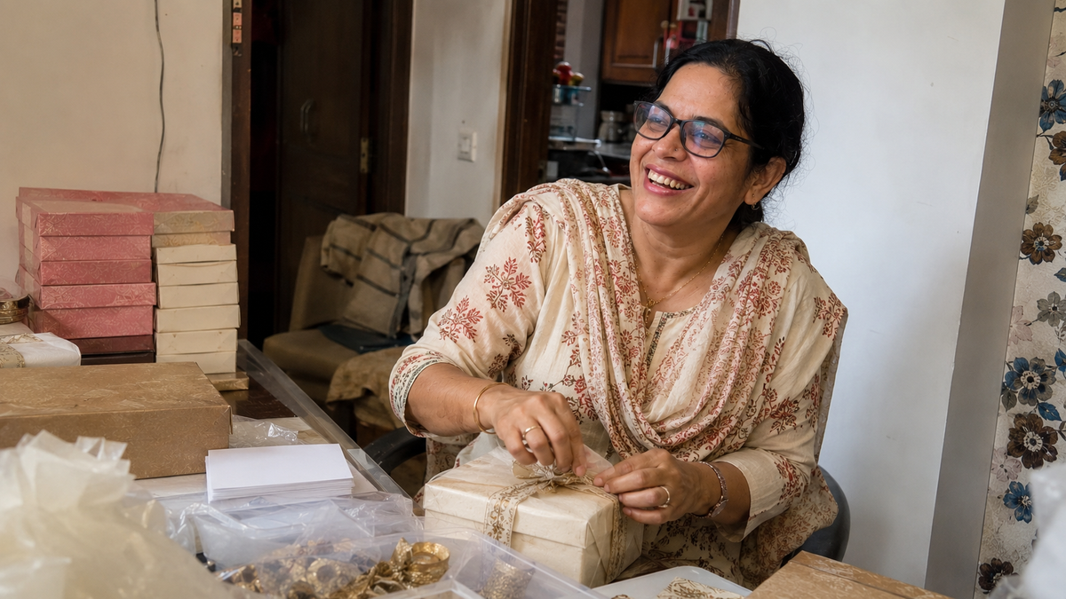 Soniya tying ribbon on a gift box at her packing table