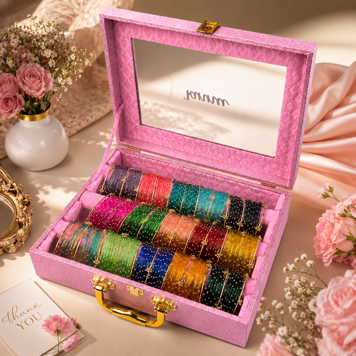 Premium Bangle Box With Name ( 180 Diamond Bangles + 33 Ghungroo Bangles + Led Light)